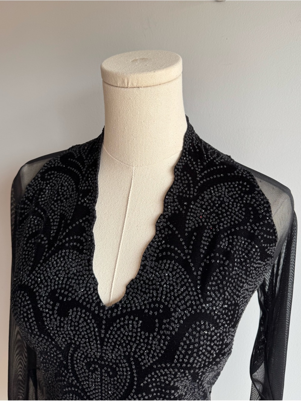 Vintage Y2K Glitter Party Top XS S Black Sheer Mesh Long Sleeve Gothic Glam Edgy - Picture 3 of 12
